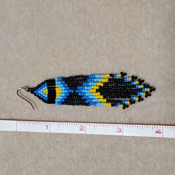Beaded Earrings- Black Bugle beads, Black, Blue, & Yellow sead beads. - Picture 3 of 3